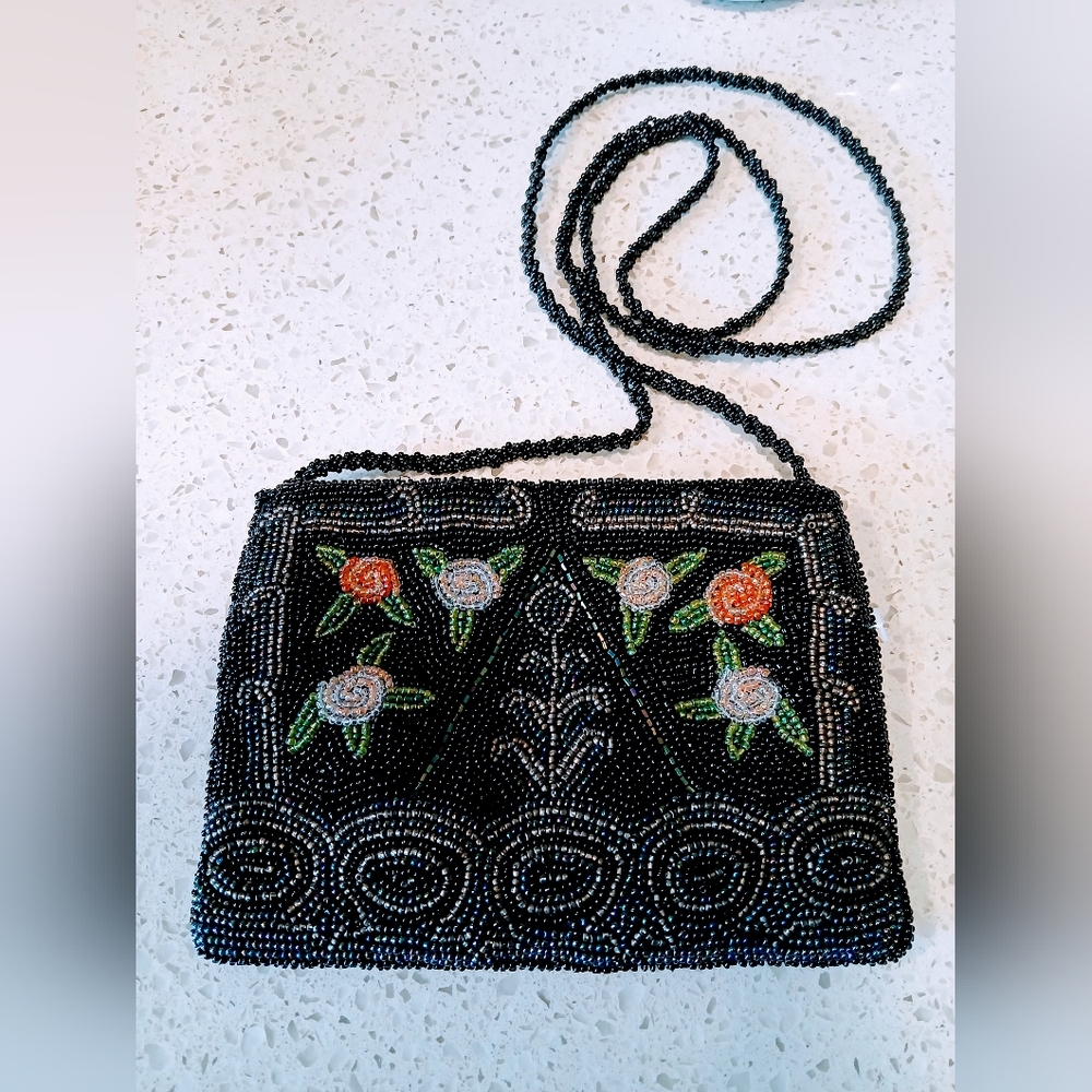 Elegant Black Beaded Floral Women's Bag